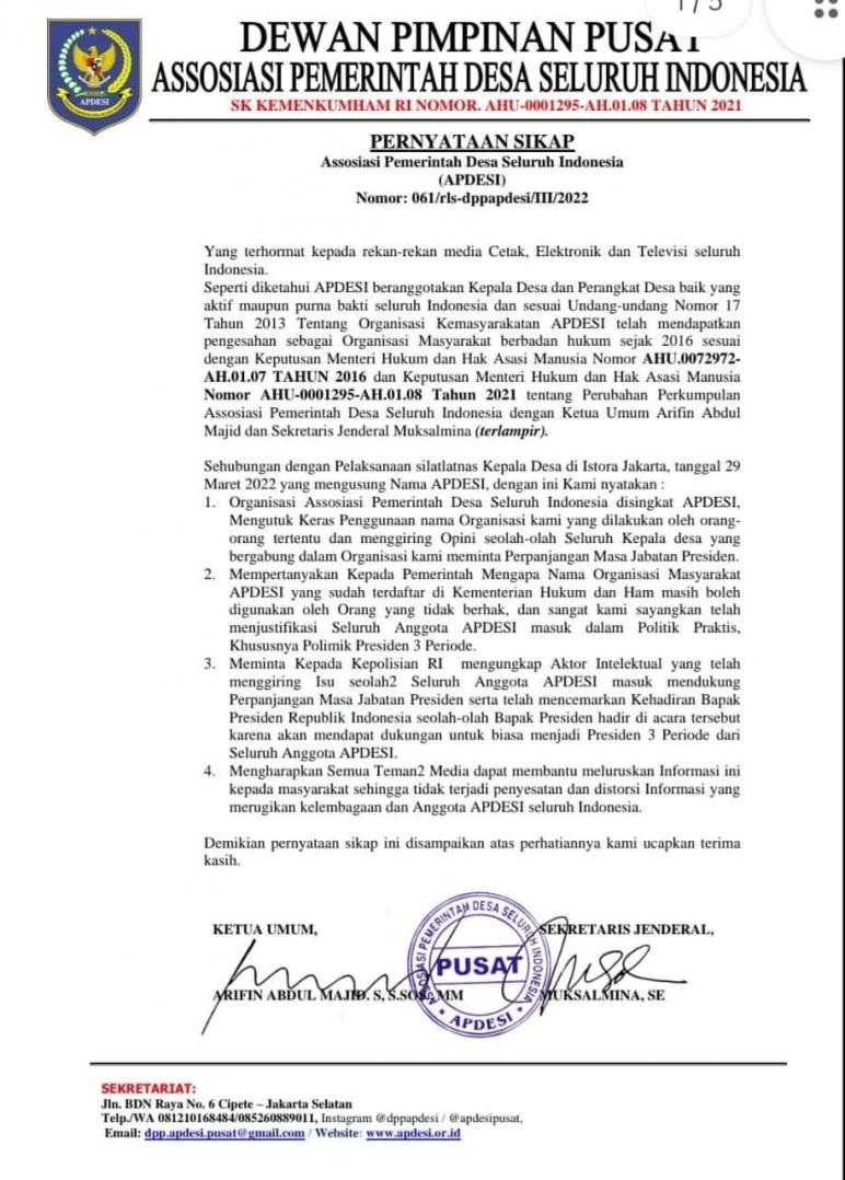 Surat pernyataan sikap apdesi