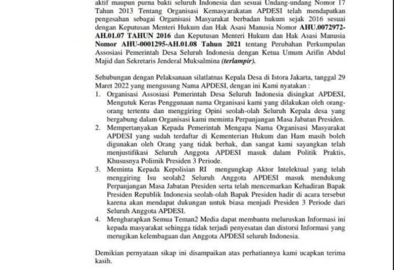 Surat pernyataan sikap apdesi